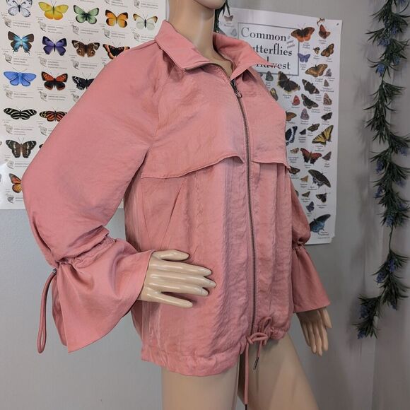 Halogen Satin Uility Jacket Pink Bomber Bell Sleeve Raglan Adjustable Zip Small - Picture 3 of 11